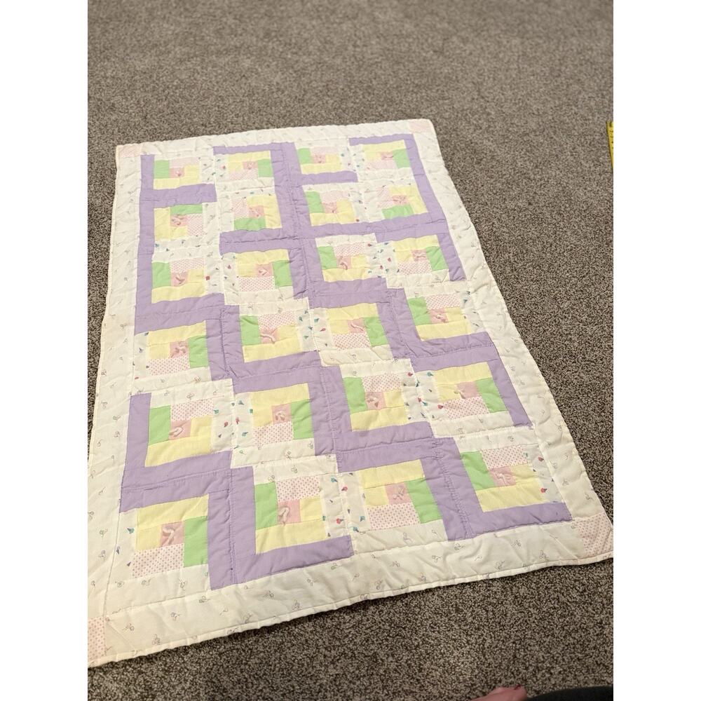 Vintage Pastel Log Cabin Style Crib Quilt. Handmade 34x47 Hand Stitched Quilted - Picture 4 of 9